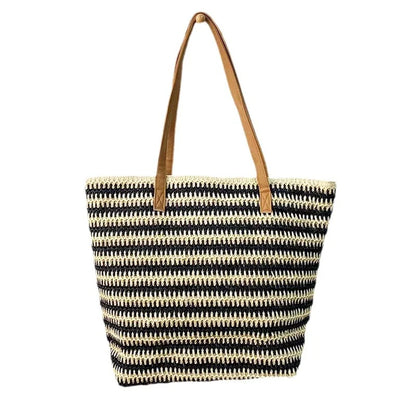 Large Capacity Two Color Stripes Straw Shoulder Bag