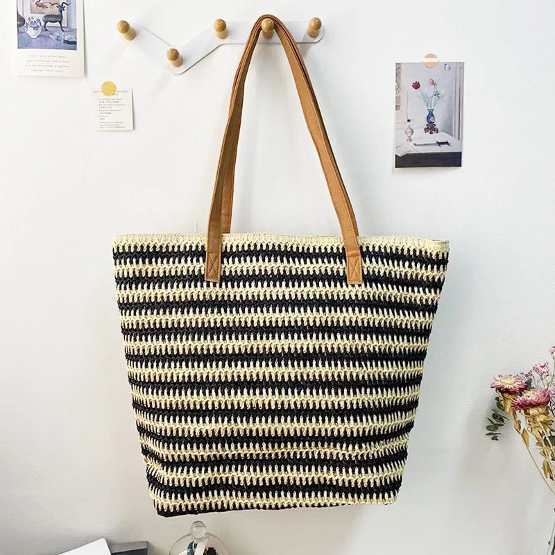 Large Capacity Two Color Stripes Straw Shoulder Bag