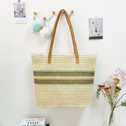 Large Capacity Woven Straw Stripes Shoulder Bag