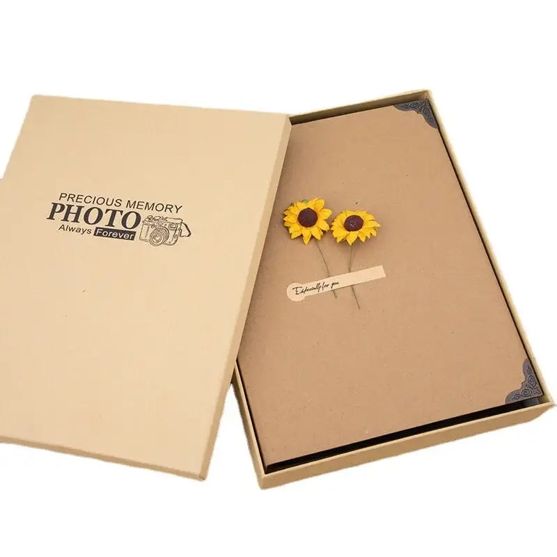 Sunflower earrings in a 'Precious Memory Photo' box on a white background