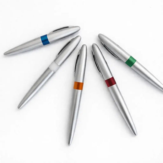 Set of silver pens with colored accents on a white background