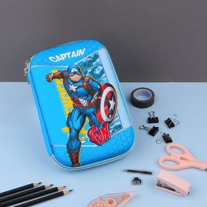 A collection of three Marvel-themed pencil cases featuring characters Captain America, Iron Man, and Spider-Man, displayed with stationery items such as pencils and pens.