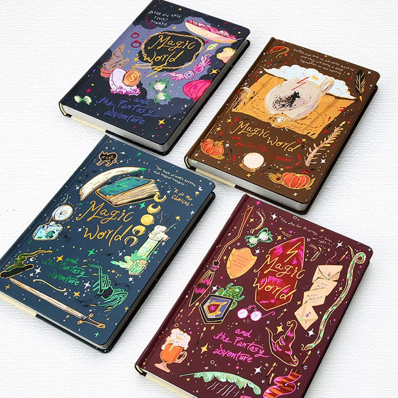 Four notebooks with 'Magic World' and 'Fantasy Adventure' designs on a white background