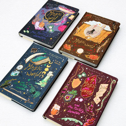 Four notebooks with 'Magic World' and 'Fantasy Adventure' designs on a white background