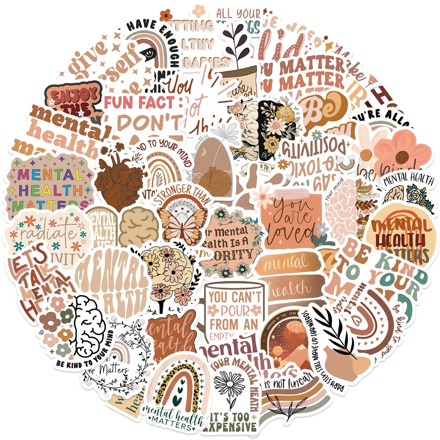 Collection of mental health-themed stickers with various designs and text on a white background.