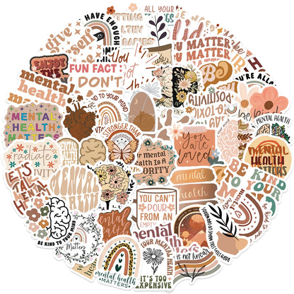 Collection of mental health-themed stickers with various designs and text on a white background.
