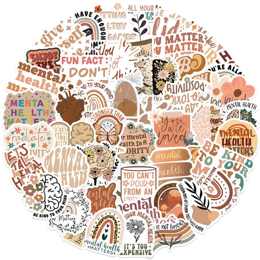 Collection of mental health-themed stickers with various designs and text on a white background.
