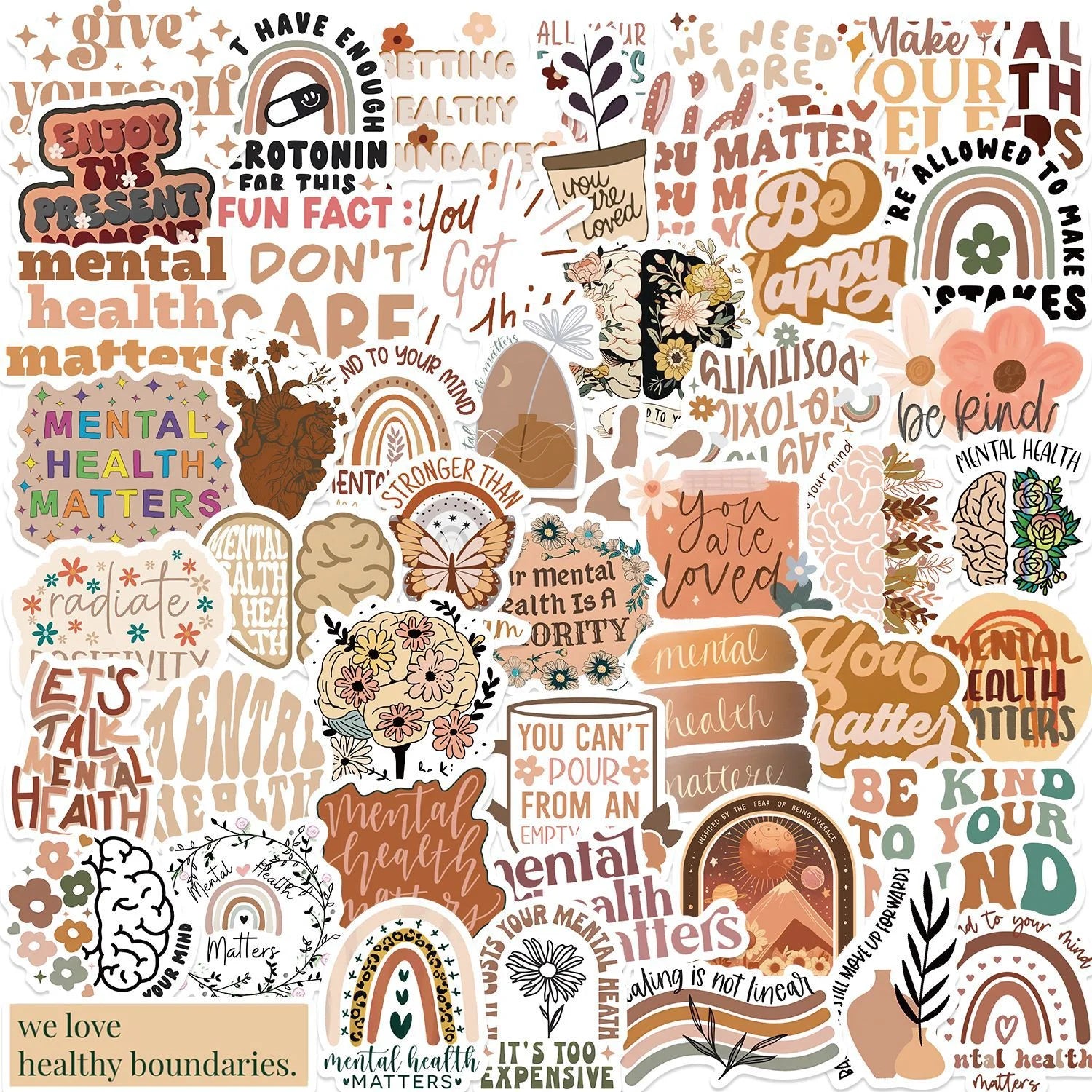 Collection of mental health-themed stickers with various designs and text on a patterned background.