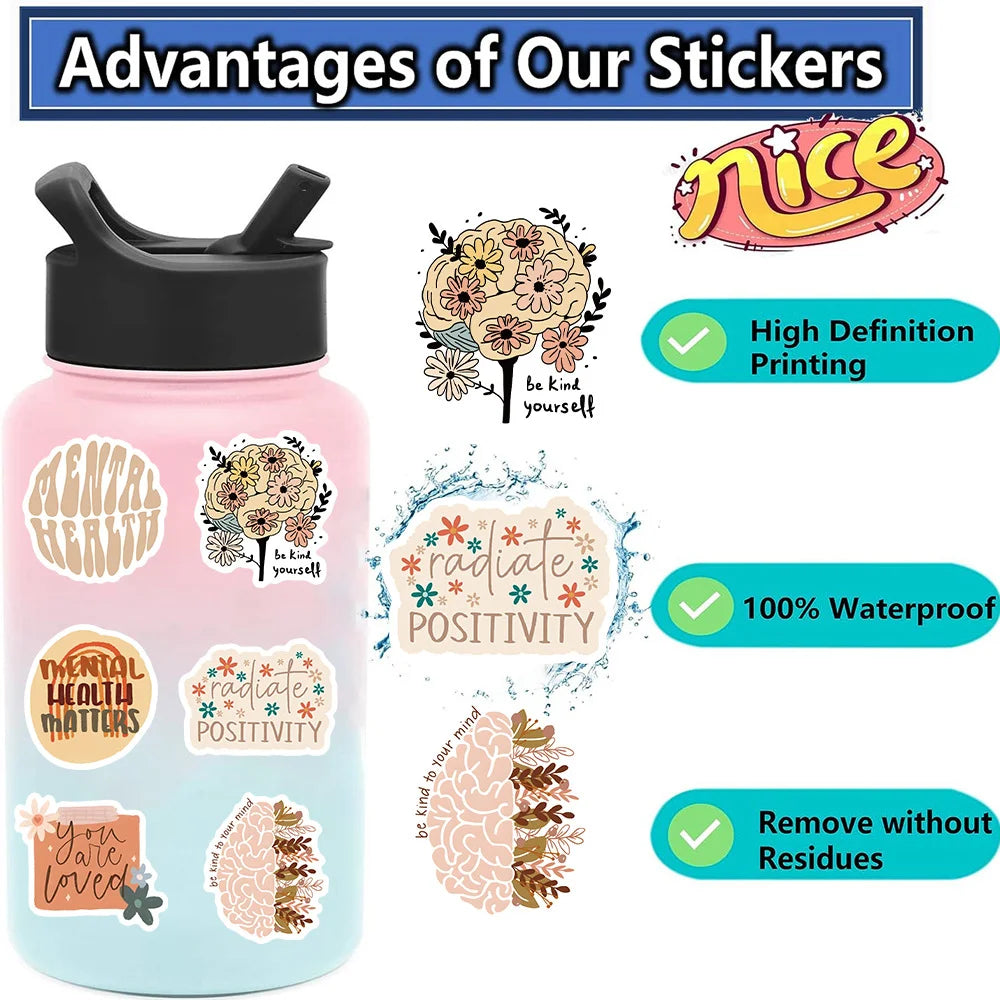 Pink water bottle with stickers and 'nice' brand logo, featuring text and graphics about sticker advantages.