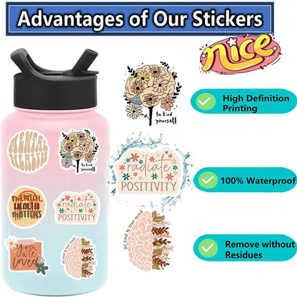 Pink water bottle with stickers and 'nice' brand logo, featuring text and graphics about sticker advantages.