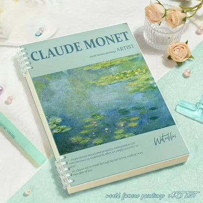 Notebook with Claude Monet's 'Water Lilies' design on a light background with flowers.