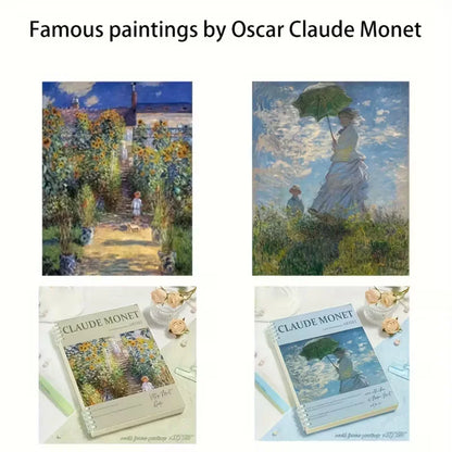 Collage of famous paintings by Oscar Claude Monet with books featuring his works.