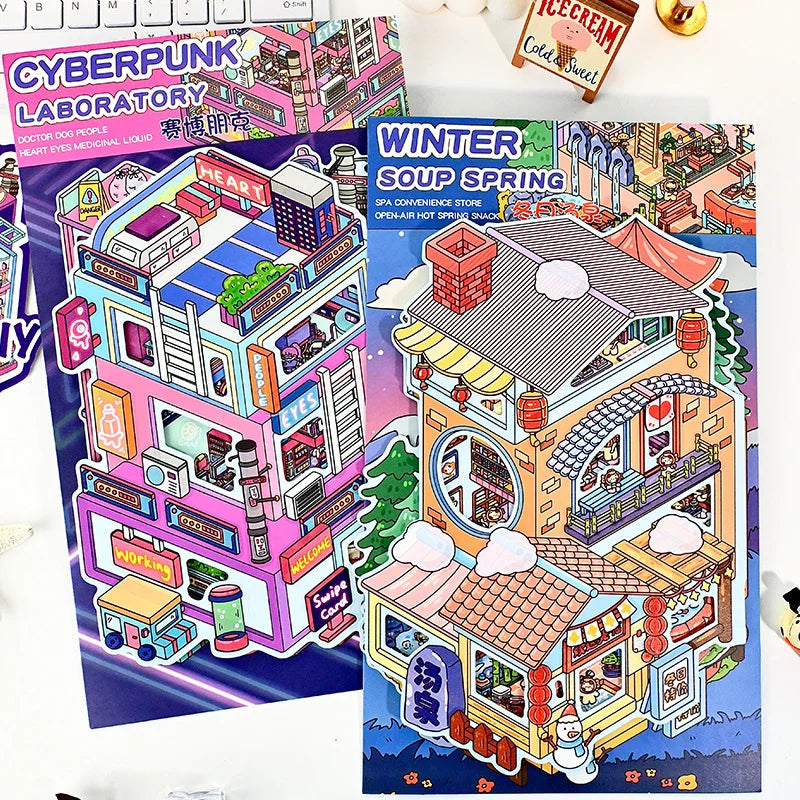 Two colorful cardboard models of urban landscapes with detailed facades and street elements.