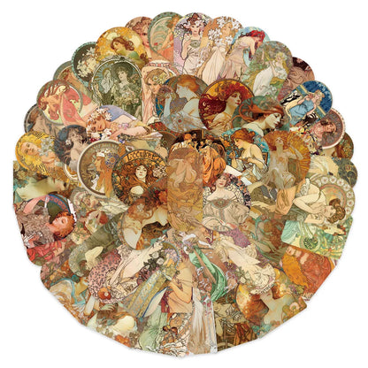 Circular collage of artistic illustrations featuring women in various poses and styles.