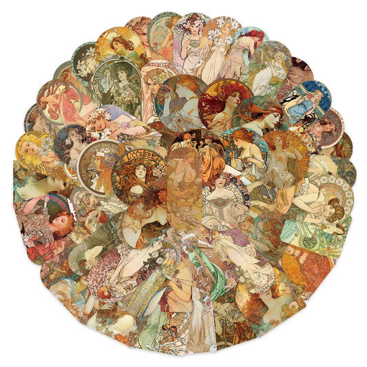 Circular collage of artistic illustrations featuring women in various poses and styles.