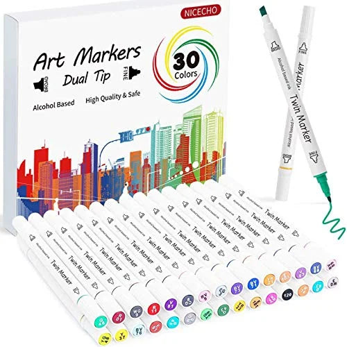 NICECHO 30 Colors Alcohol Markers, Dual Tip Art Markers