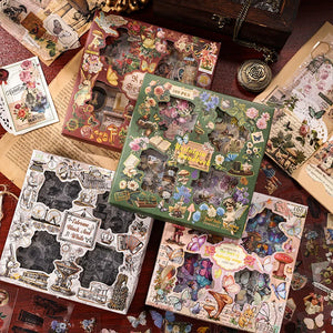 A collection of vintage-style stickers depicting various nostalgic scenes, laid out on a wooden surface.