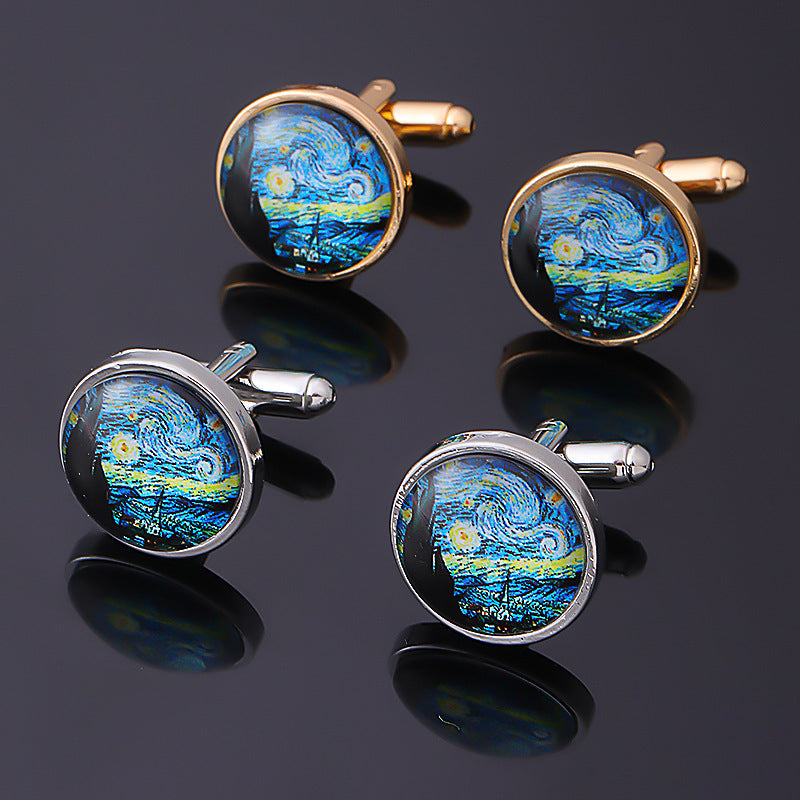Van Gogh Starry Night Time Gemstone Cufflink Stud