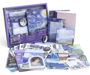 A journaling kit with various colorful papers, notebooks, and decorative tapes spread out on a table, featuring artistic designs and a Van Gogh themed packaging.