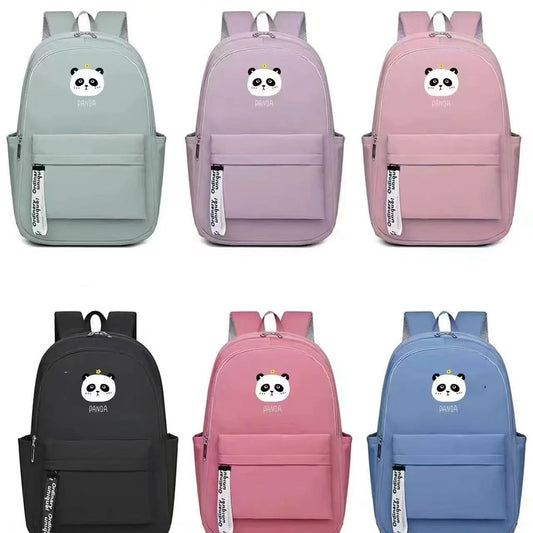 Set of colorful backpacks with panda design on a white background