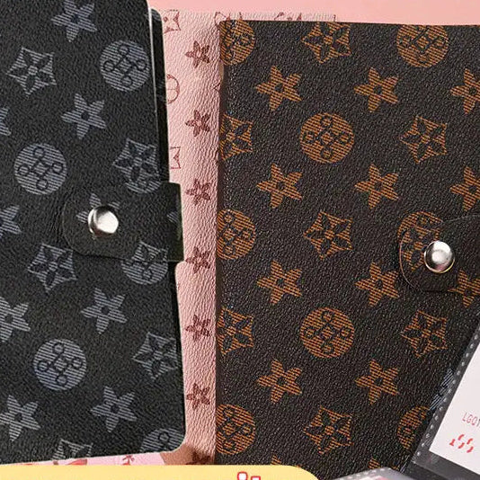 Two patterned cash storage wallets with a pink background and text indicating capacity and uses.