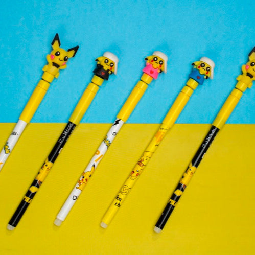 Five yellow pencils with cartoon characters on a blue and yellow background
