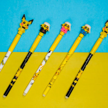 Five yellow pencils with cartoon characters on a blue and yellow background