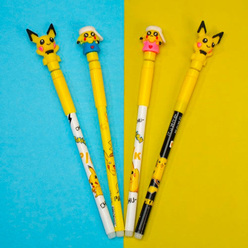 Set of Pikachu-themed pencils on a two-tone blue and yellow background
