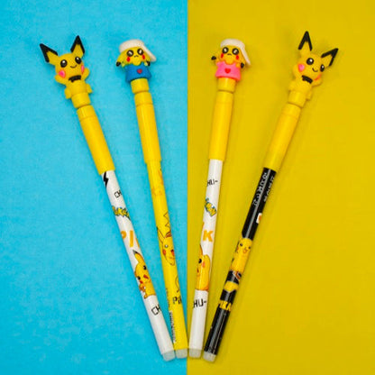 Set of Pikachu-themed pencils on a two-tone blue and yellow background