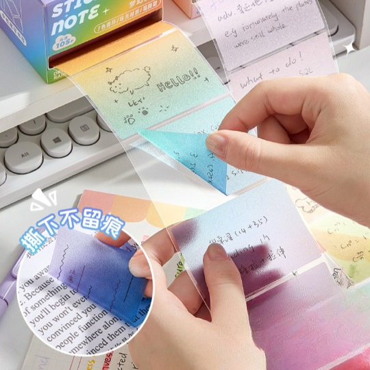 Colorful sticky notes with a hand holding a piece, on a desk with a keyboard.