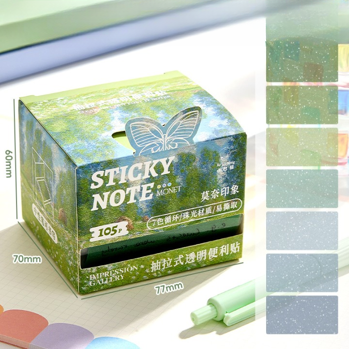 Green sticky note box with butterfly design on a white background