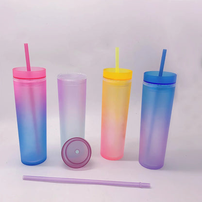 Rainbow Gradient Color Plastic Cup with Straw