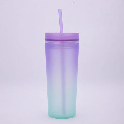Rainbow Gradient Color Plastic Cup with Straw