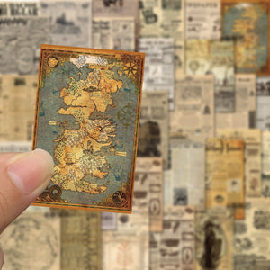 Hand holding a small map against a collage of vintage-style maps and text.