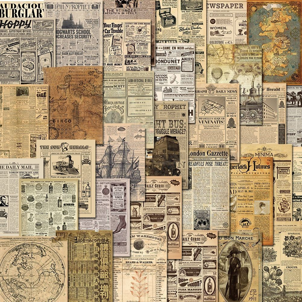 Collage of vintage newspaper clippings and old maps with a retro feel.