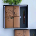 Retro Leaf Leather Journal Gift Set with Pen - Light Brown