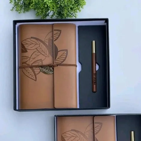 Retro Leaf Leather Journal Gift Set with Pen - Light Brown