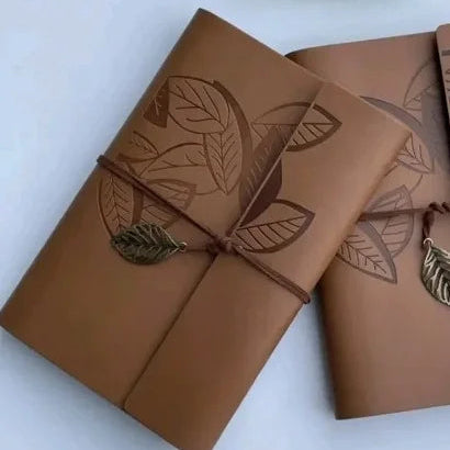 Retro Leaf Leather Journal Gift Set with Pen - Light Brown