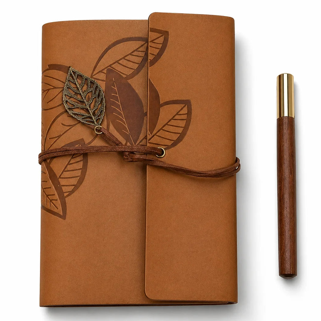 Retro Leaf Leather Journal Gift Set with Pen - Light Brown