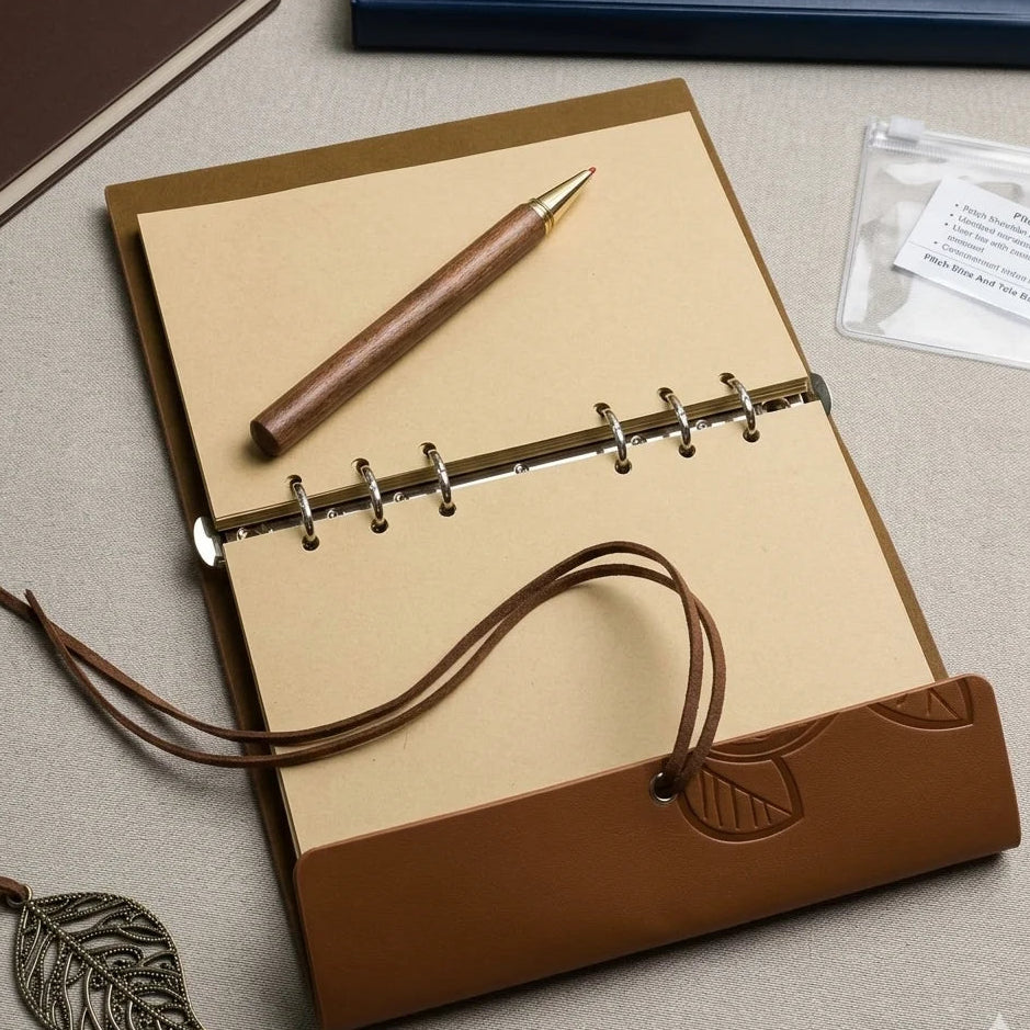 Retro Leaf Leather Journal Gift Set with Pen - Light Brown