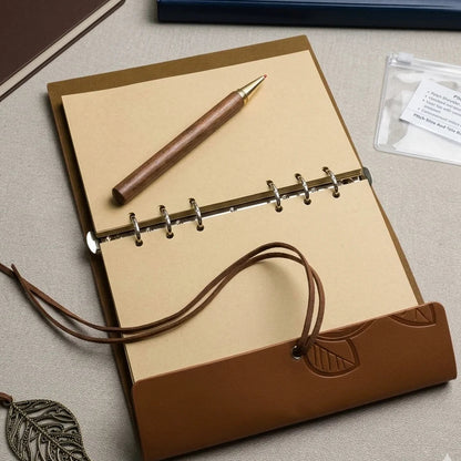 Retro Leaf Leather Journal Gift Set with Pen - Light Brown
