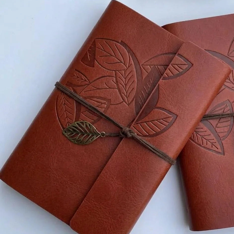 Retro Leaf Leather Journal Gift Set with Pen - Redish Brown
