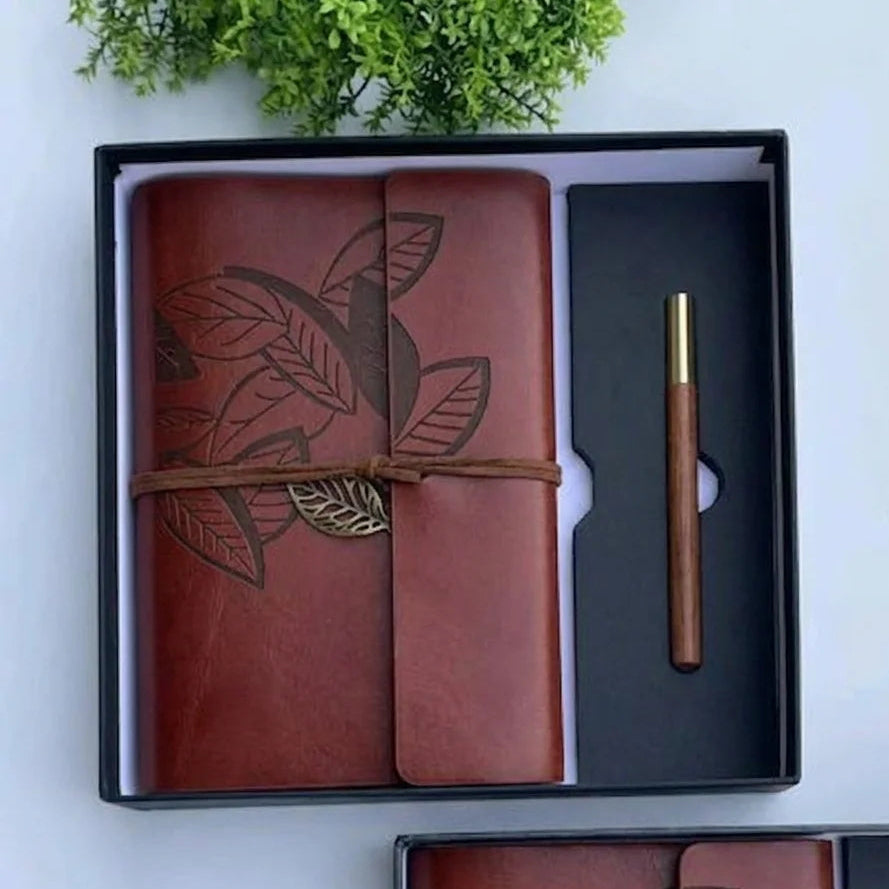 Retro Leaf Leather Journal Gift Set with Pen - Redish Brown