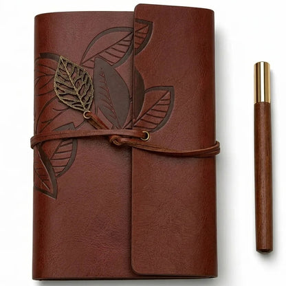 Retro Leaf Leather Journal Gift Set with Pen - Redish Brown
