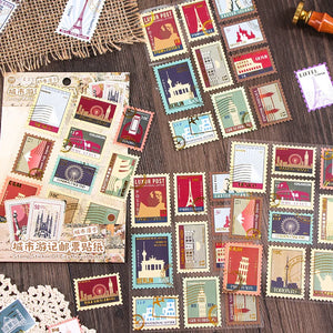 Collection of vintage-style postage stamps on a wooden surface