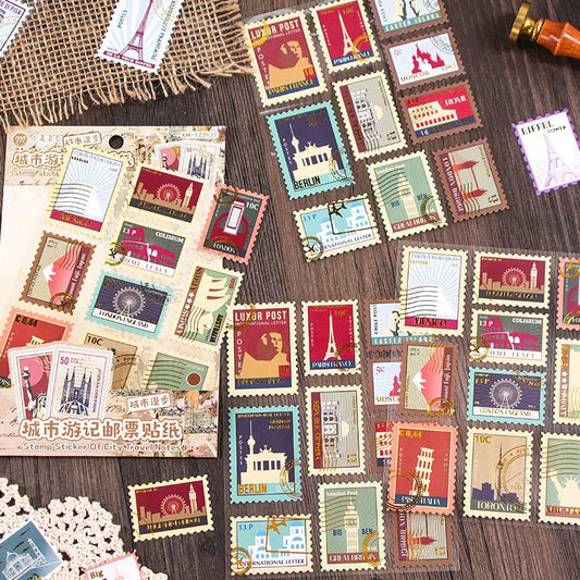Collection of vintage-style postage stamps on a wooden surface