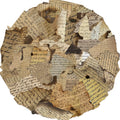 Circular collage of vintage text paper with a white background