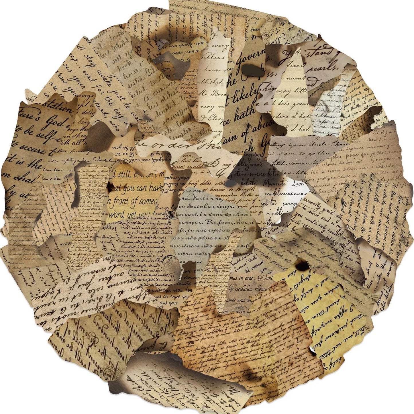 Circular collage of vintage text paper with a white background