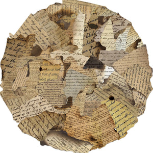 Circular collage of vintage text paper with a white background