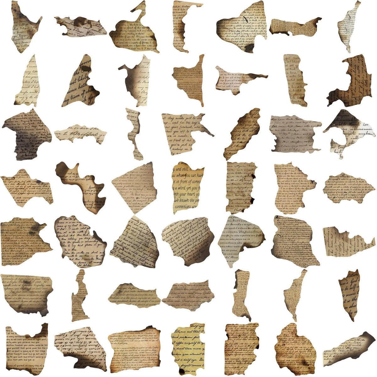 Collection of fragmented ancient text on a white background